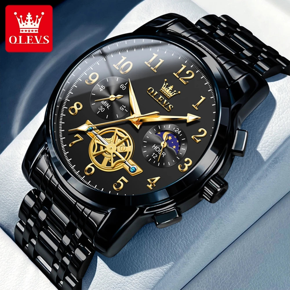 OLEVS Moon Phase Chronograph Watch for Men Stainless Steel