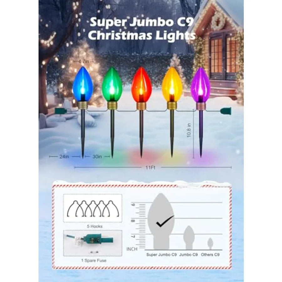 11Feet 5 LED Super Jumbo Christmas String Lights or Pathway Marker Lights, Outdoor Xmas Decorations- Jumbo C9 Hanging Lights Wa