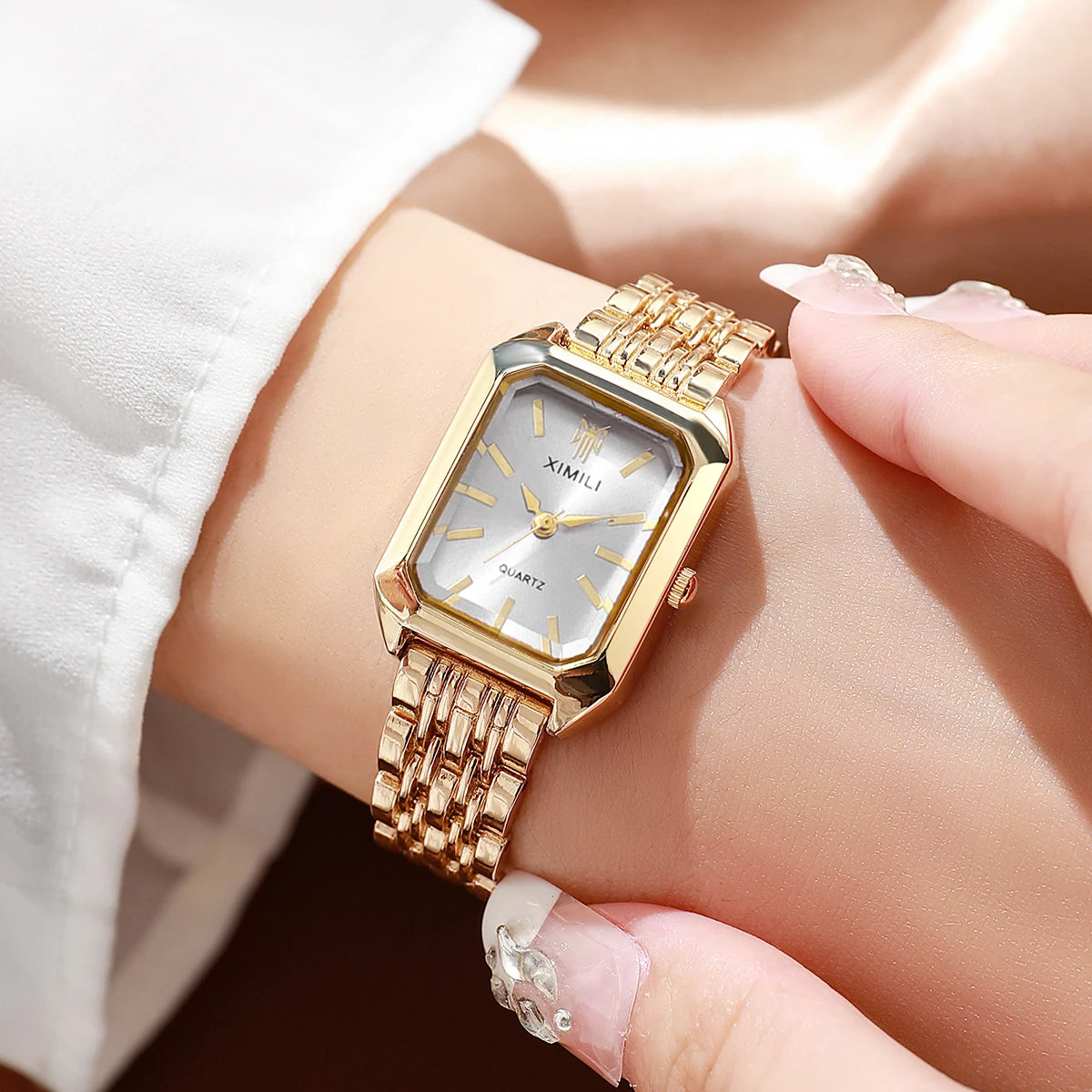 Luxury Rectangular Womens Quartz Watch Stainless Steel Band