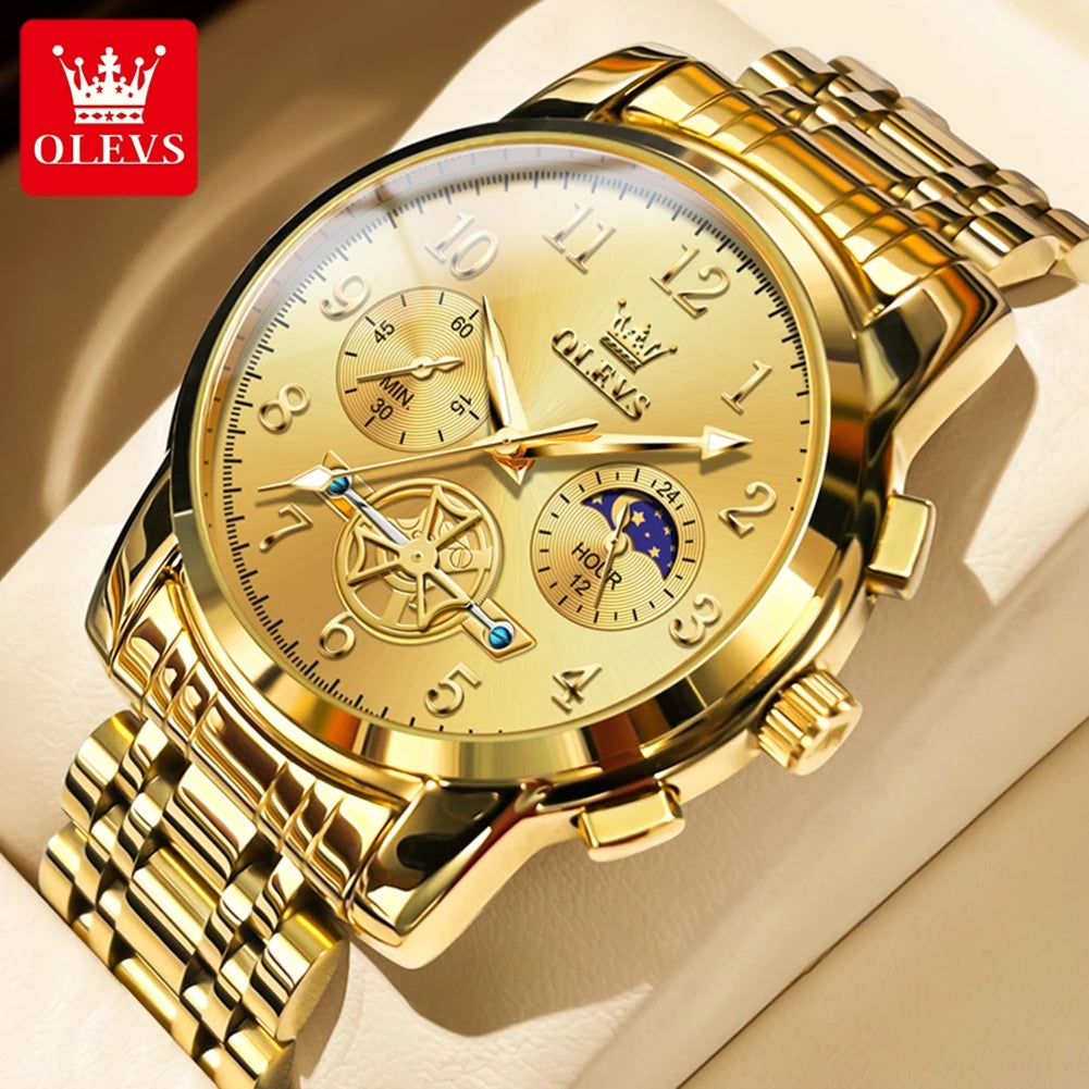 OLEVS Moon Phase Chronograph Watch for Men Stainless Steel