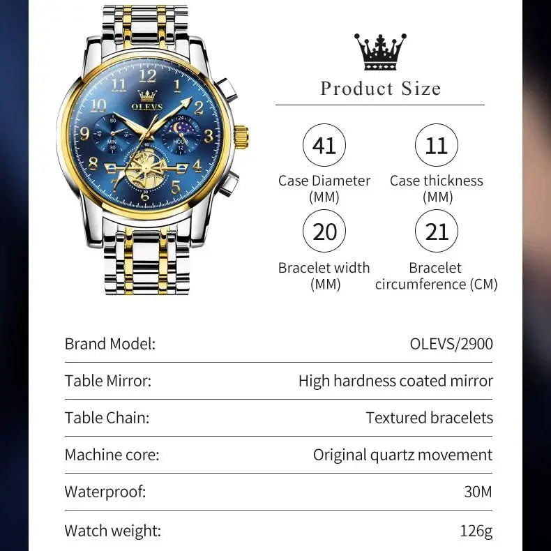 OLEVS Moon Phase Chronograph Watch for Men Stainless Steel