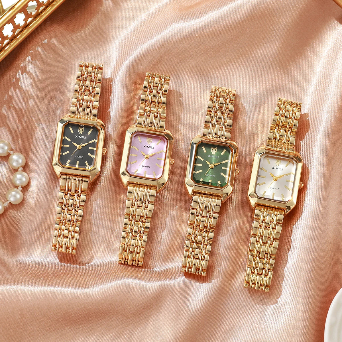 Luxury Rectangular Womens Quartz Watch Stainless Steel Band