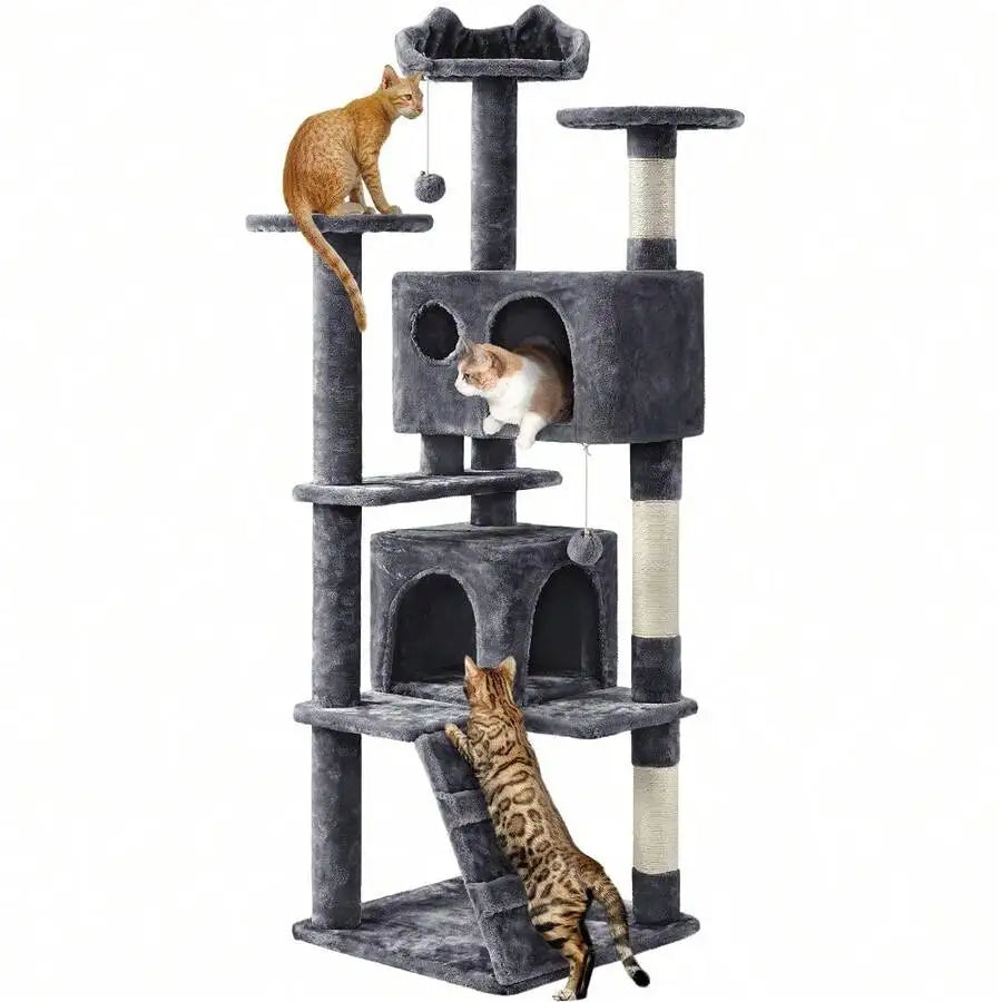 54 Inch Multi-Level Cat Tree With 2 Cozy Caves, Scratching Posts, Climbing Ramp, And Plush Balls, Dark Gray