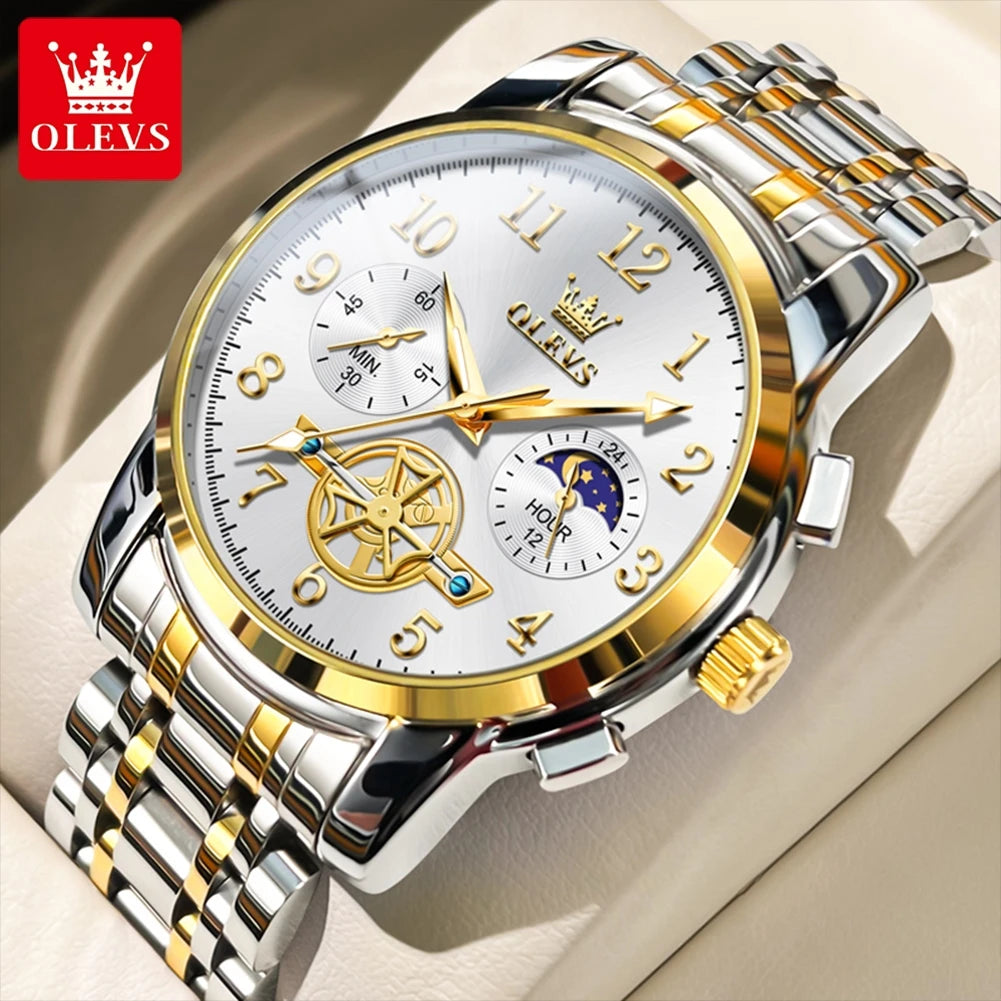 OLEVS Moon Phase Chronograph Watch for Men Stainless Steel