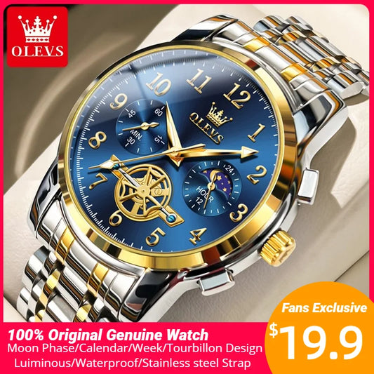 OLEVS Moon Phase Chronograph Watch for Men Stainless Steel