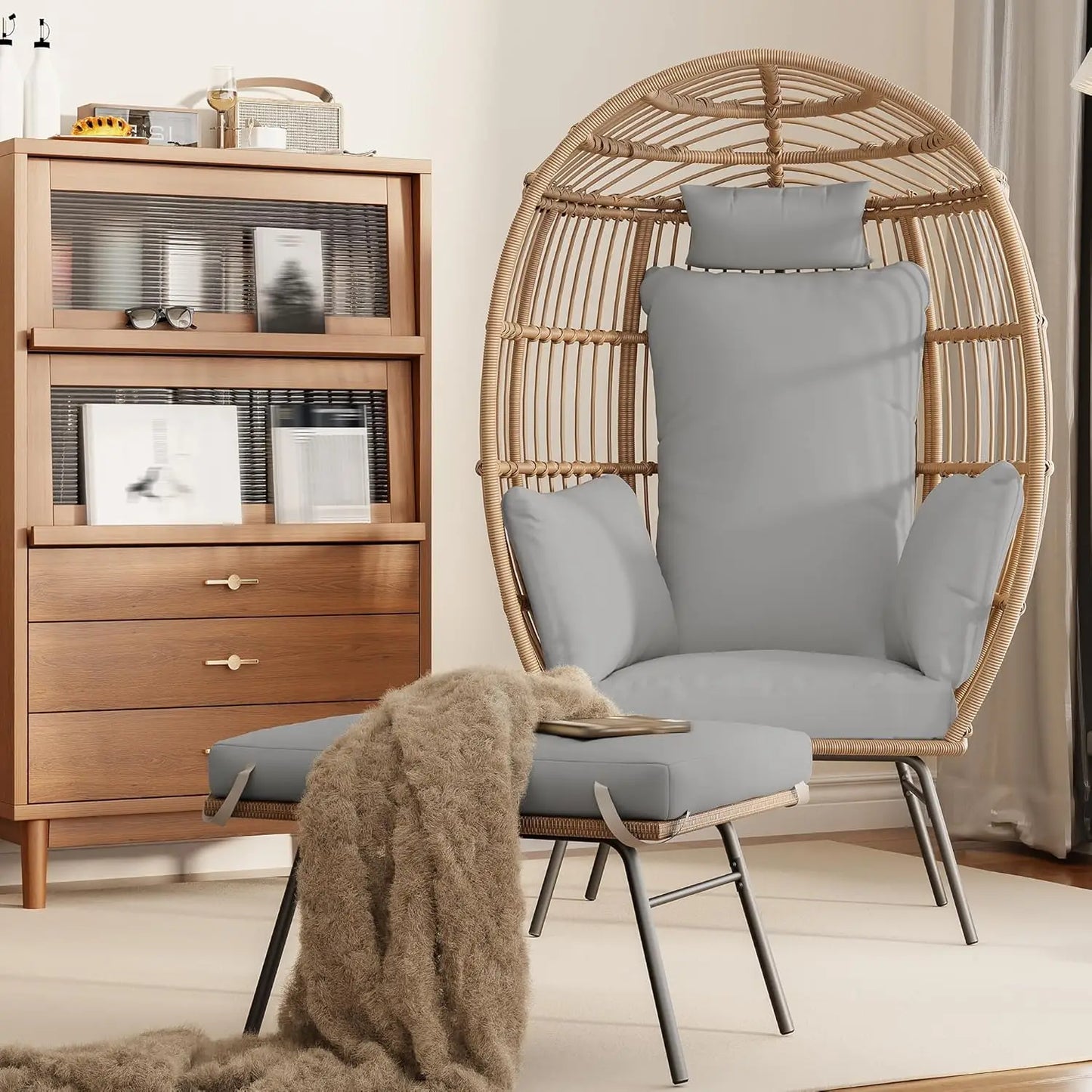 Wicker Egg Chair with Ottoman, Waterproof UV Resistant Patio Lounge Chair with Cushions, Accent Furniture for Garden, Balcony