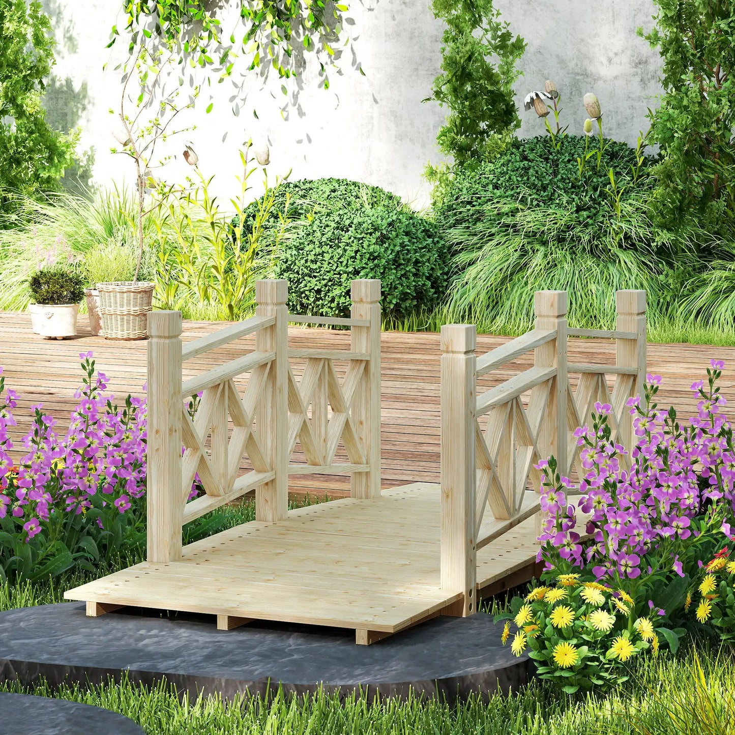 5 Ft Carbonized Wooden Garden Bridge With Safety Rails Outdoor Decorative Footbridge For Backyard Ponds Creeks Streams Landscape Yard Ornament