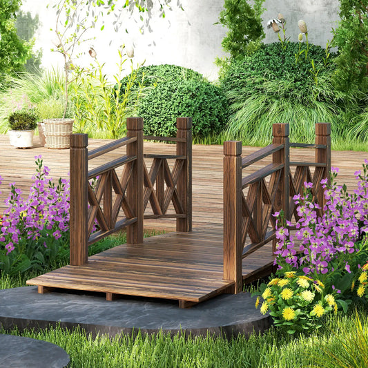 5 Ft Carbonized Wooden Garden Bridge With Safety Rails Outdoor Decorative Footbridge For Backyard Ponds Creeks Streams Landscape Yard Ornament