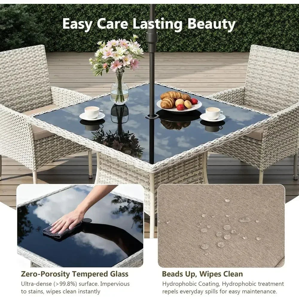 5-Piece Patio Furniture Set with Glass Table and Cushioned Chairs, Wicker Rattan, Suitable for Balcony, Backyard, Garden, Deck -