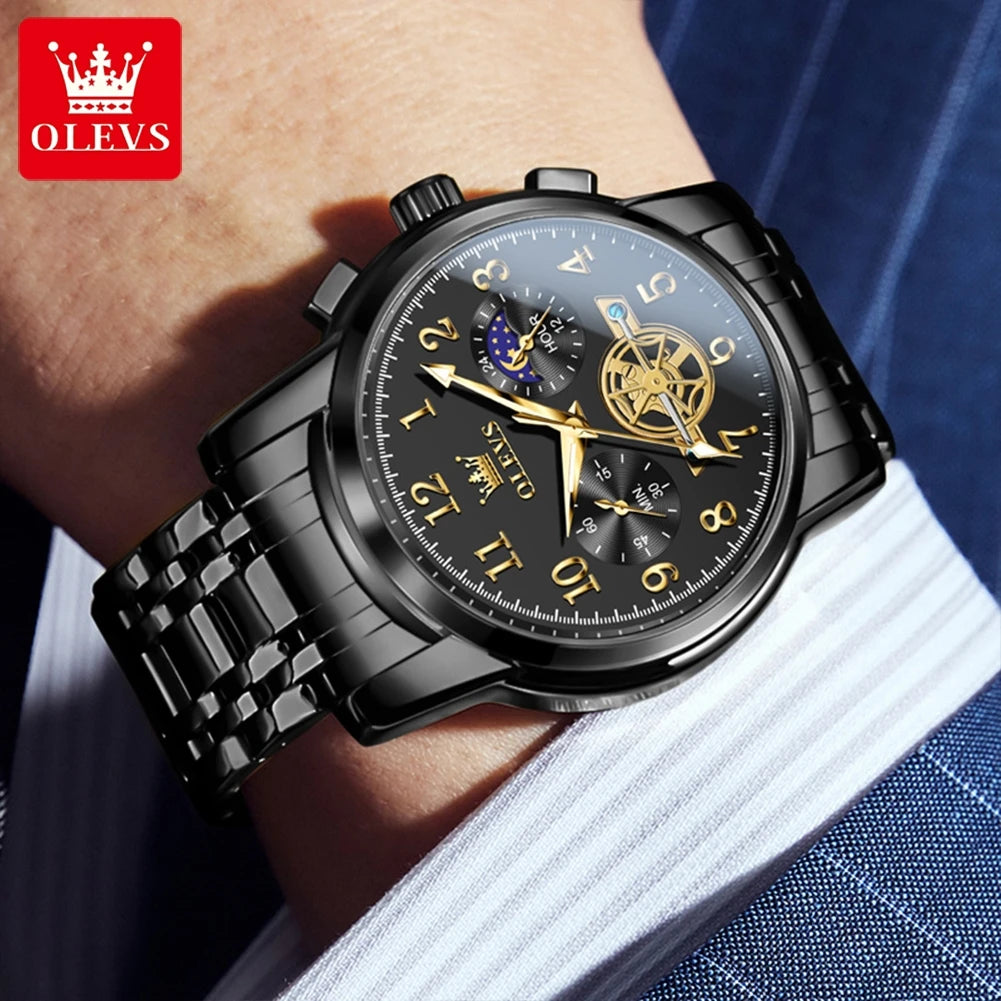 OLEVS Moon Phase Chronograph Watch for Men Stainless Steel