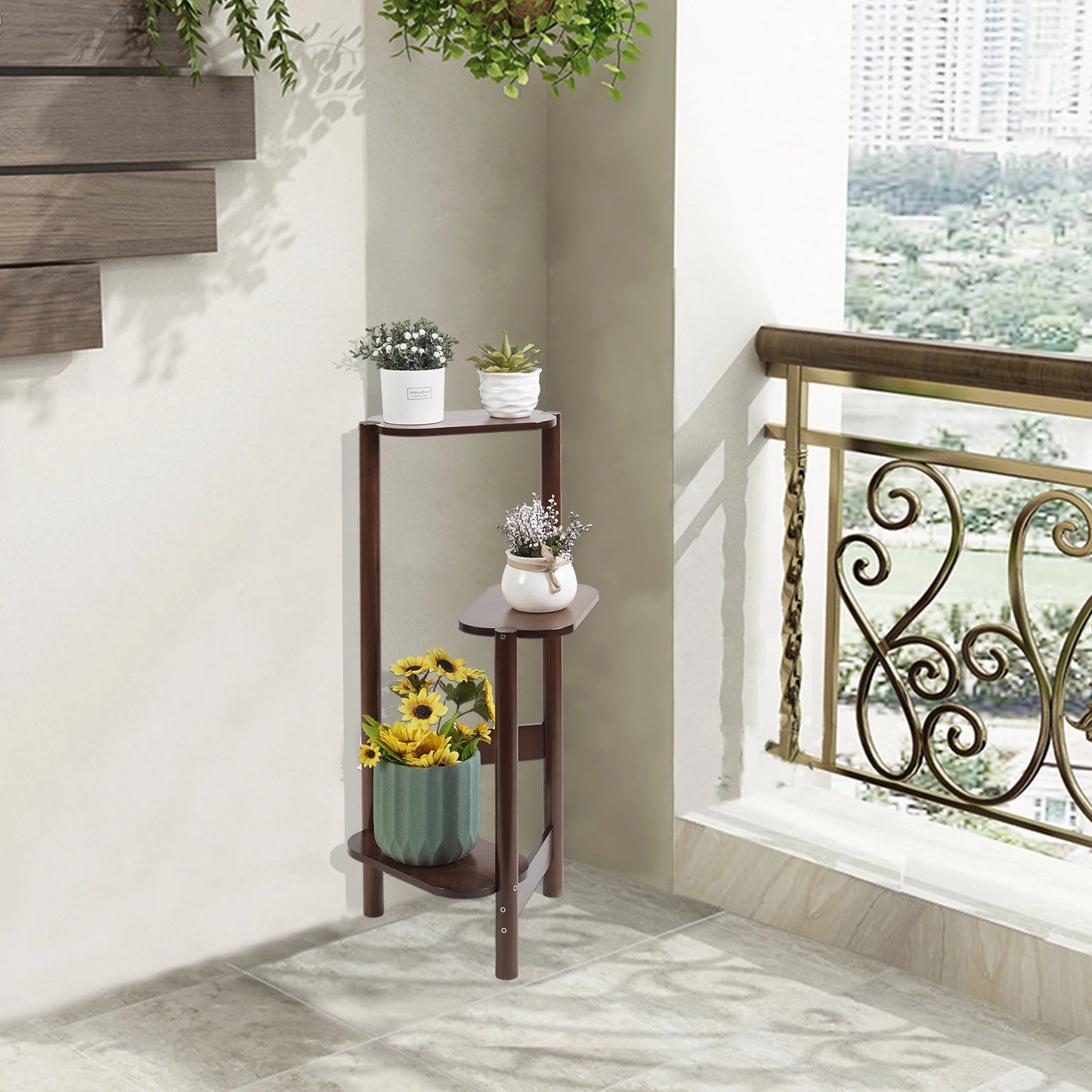 3 Tier Bamboo Tall Corner Plant Rack Planter Stand Flower Pot Holder Storage Rack for Balcony Garden