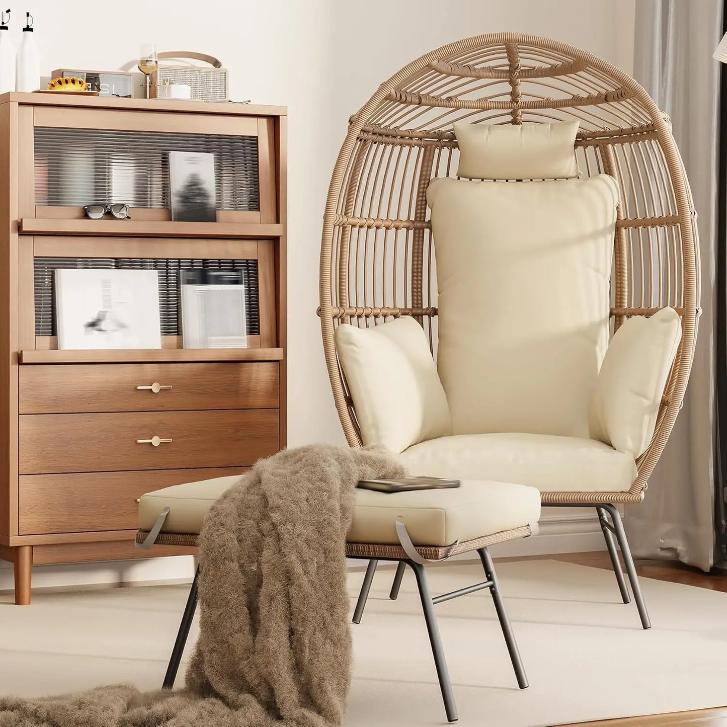 Wicker Egg Chair with Ottoman, Waterproof UV Resistant Patio Lounge Chair with Cushions, Accent Furniture for Garden, Balcony