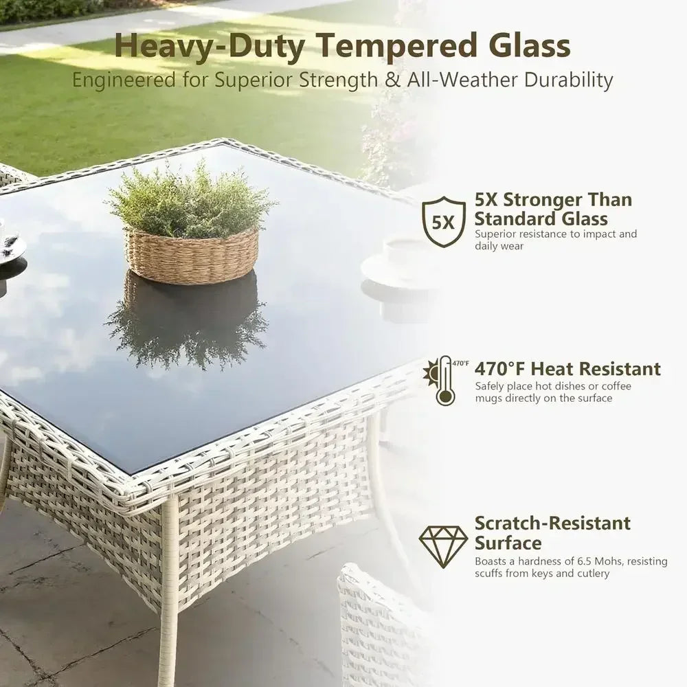 5-Piece Patio Furniture Set with Glass Table and Cushioned Chairs, Wicker Rattan, Suitable for Balcony, Backyard, Garden, Deck -
