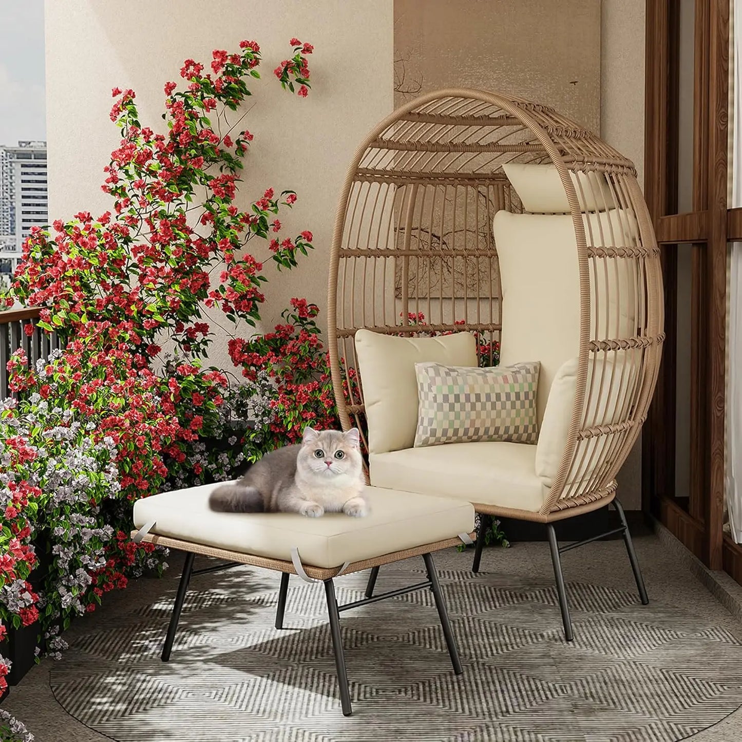 Wicker Egg Chair with Ottoman, Waterproof UV Resistant Patio Lounge Chair with Cushions, Accent Furniture for Garden, Balcony