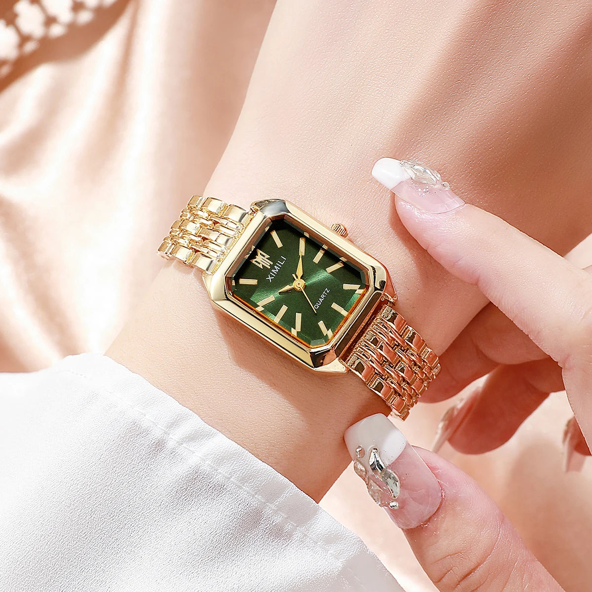 Luxury Rectangular Womens Quartz Watch Stainless Steel Band
