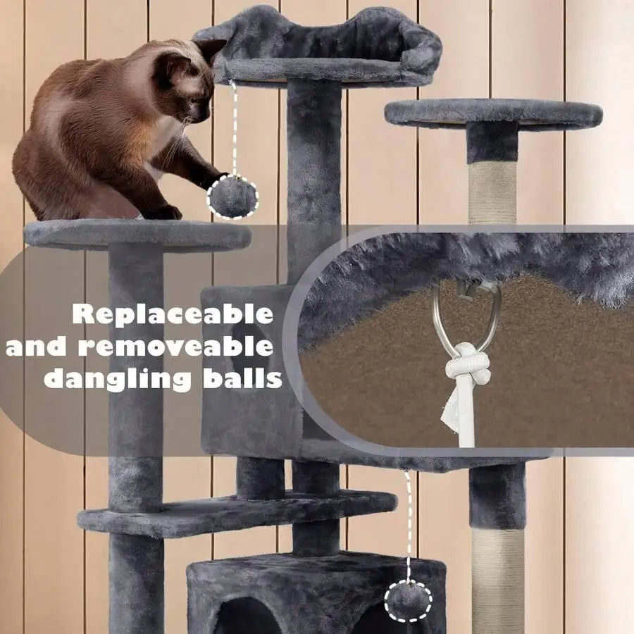 54 Inch Multi-Level Cat Tree With 2 Cozy Caves, Scratching Posts, Climbing Ramp, And Plush Balls, Dark Gray