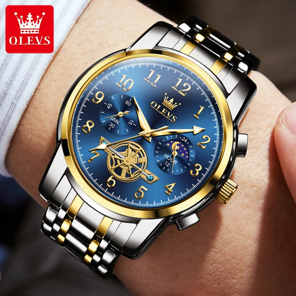 OLEVS Moon Phase Chronograph Watch for Men Stainless Steel