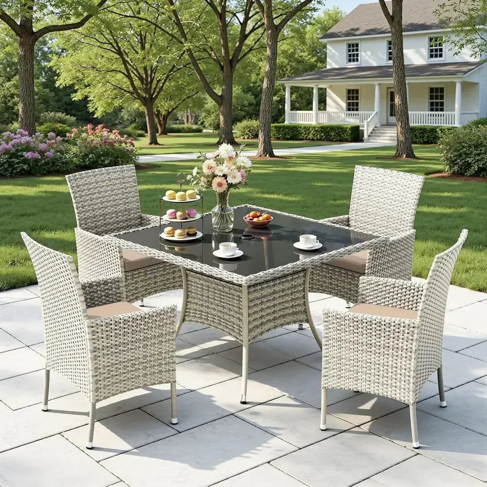 5-Piece Patio Furniture Set with Glass Table and Cushioned Chairs, Wicker Rattan, Suitable for Balcony, Backyard, Garden, Deck -