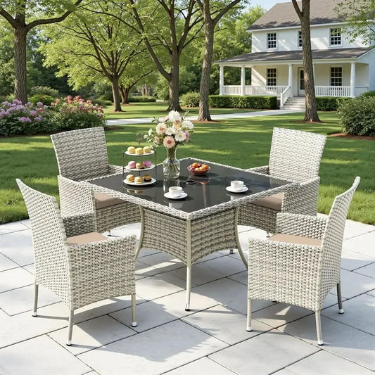 5-Piece Patio Furniture Set with Glass Table and Cushioned Chairs, Wicker Rattan, Suitable for Balcony, Backyard, Garden, Deck -