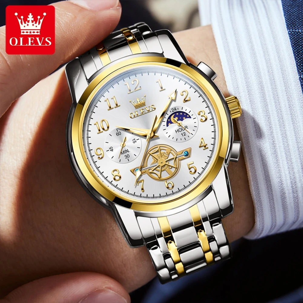 OLEVS Moon Phase Chronograph Watch for Men Stainless Steel