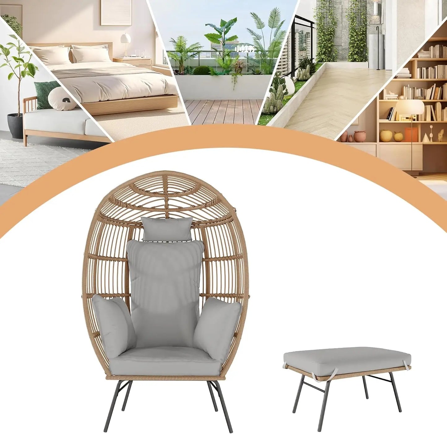 Wicker Egg Chair with Ottoman, Waterproof UV Resistant Patio Lounge Chair with Cushions, Accent Furniture for Garden, Balcony