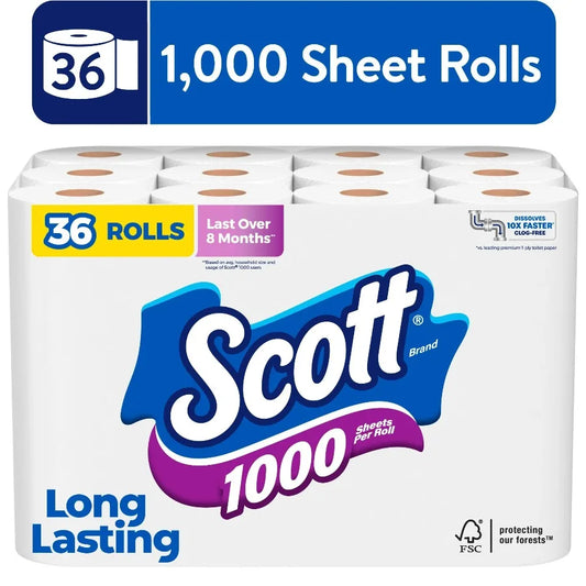 1000-Sheet Toilet Paper, 36 Rolls, 1000 Sheets Per Roll